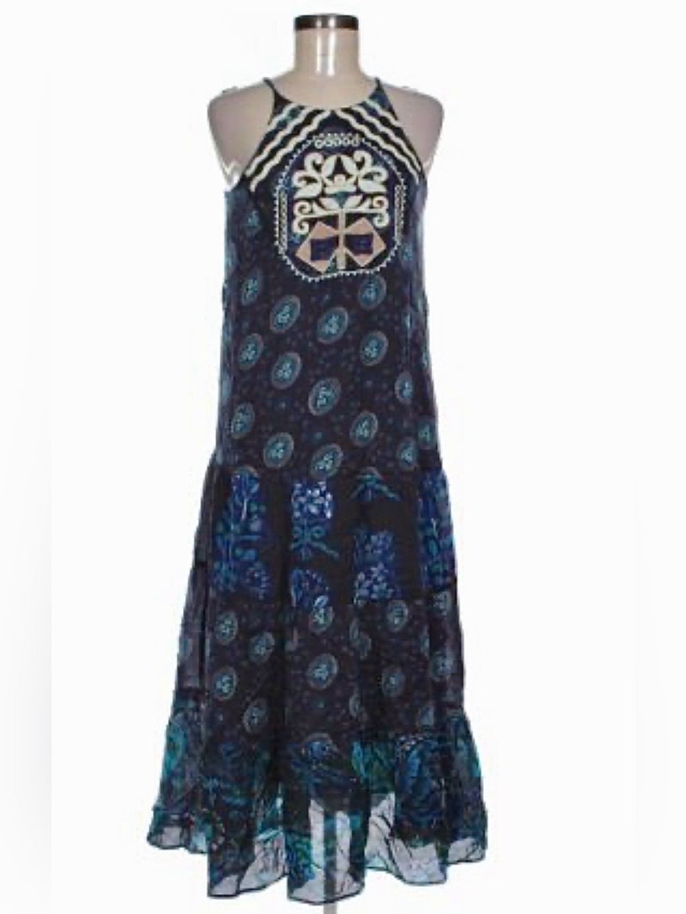 Desigual Embroidered Navy Midi Halter Dress with Teal & Cream Accents New Size L - Picture 8 of 8